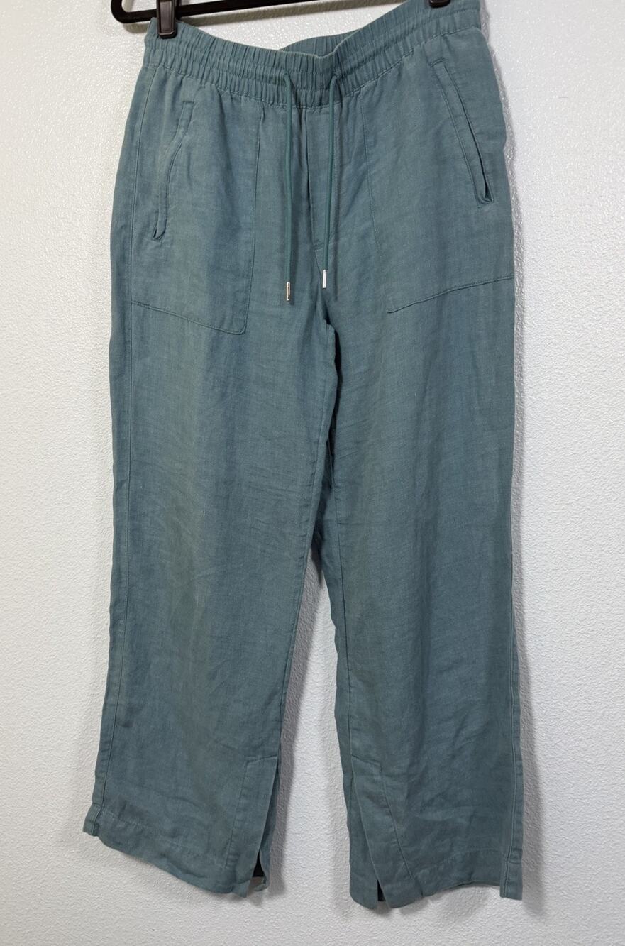 Athleta Women’s Size 4 Teal 100% Linen Pull-On Wide Leg Pants Cropped
